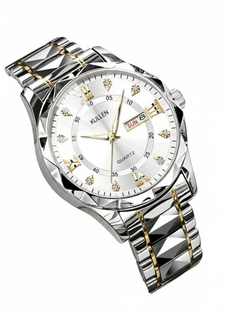 KULLEN Men's Casual Business Quartz Watch With Calendar, Stainless Steel Strap (Silver) - Image 3